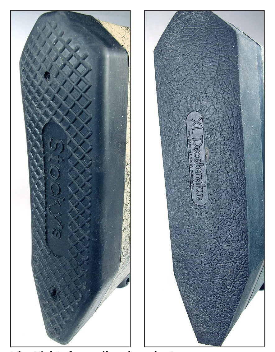 The KickSoft recoil pad on the Long Range Composite stock (left) is fairly soft. The Carbon Fiber Long Range Sporter stock features a one-inch thick Pachmayr Decelerator recoil pad.